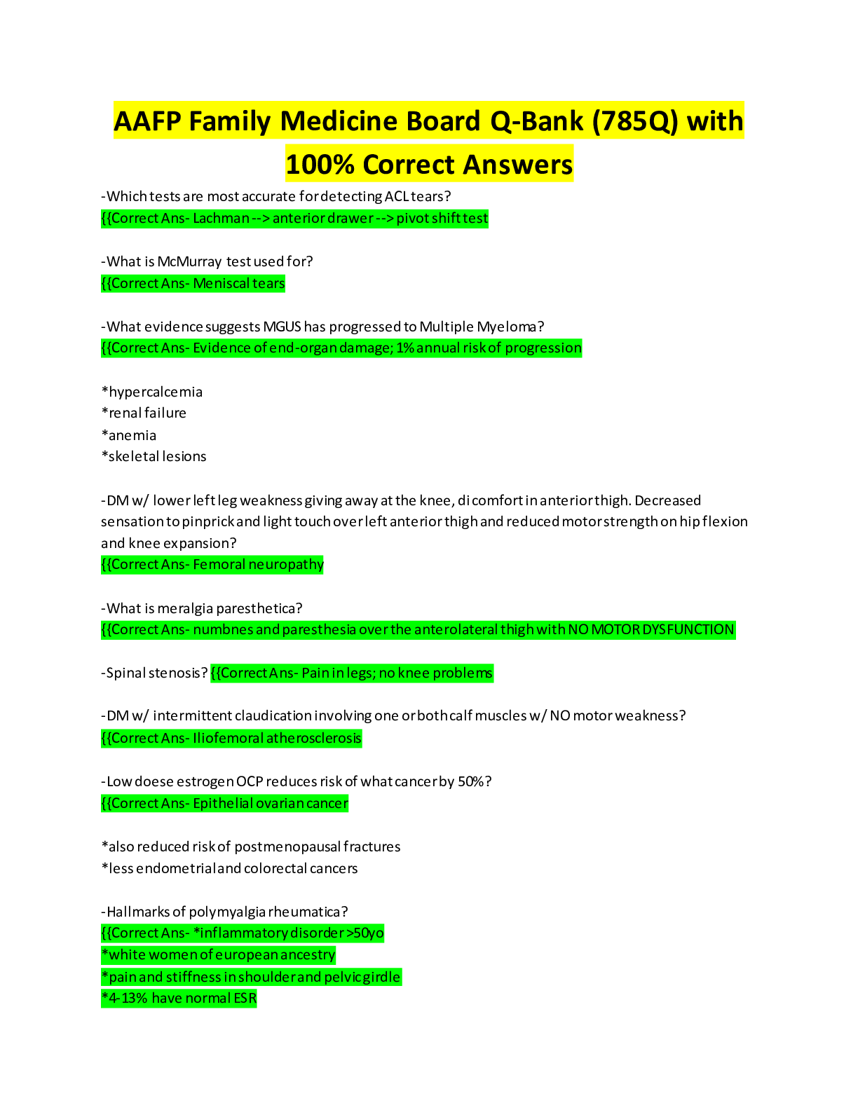 Preview image for AAFP Family Medicine Board Q-Bank (785Q) with100% Correct Answers University of Nevada